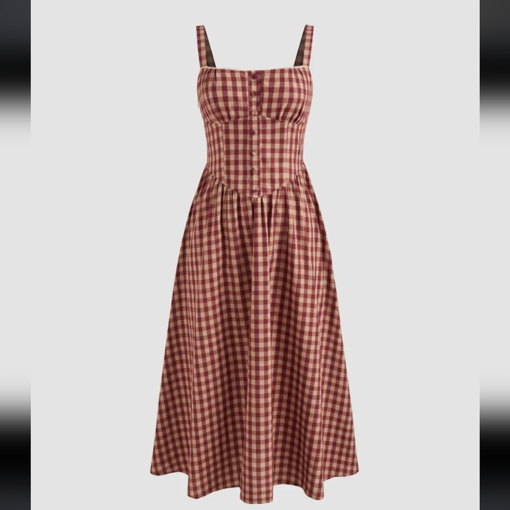 Cider Wine & Cream Cotton Blend Square Neck Gingham Maxi Dress NWT Size Small - Picture 1 of 9